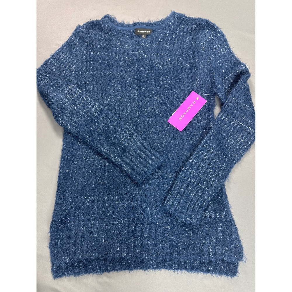 Rampage Women's Textured Knit Sweater Deep Blue Metallic Blend Size S NWT